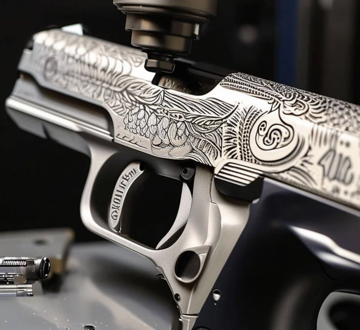 Silver pistol with dense ornamental engraving under a laser head