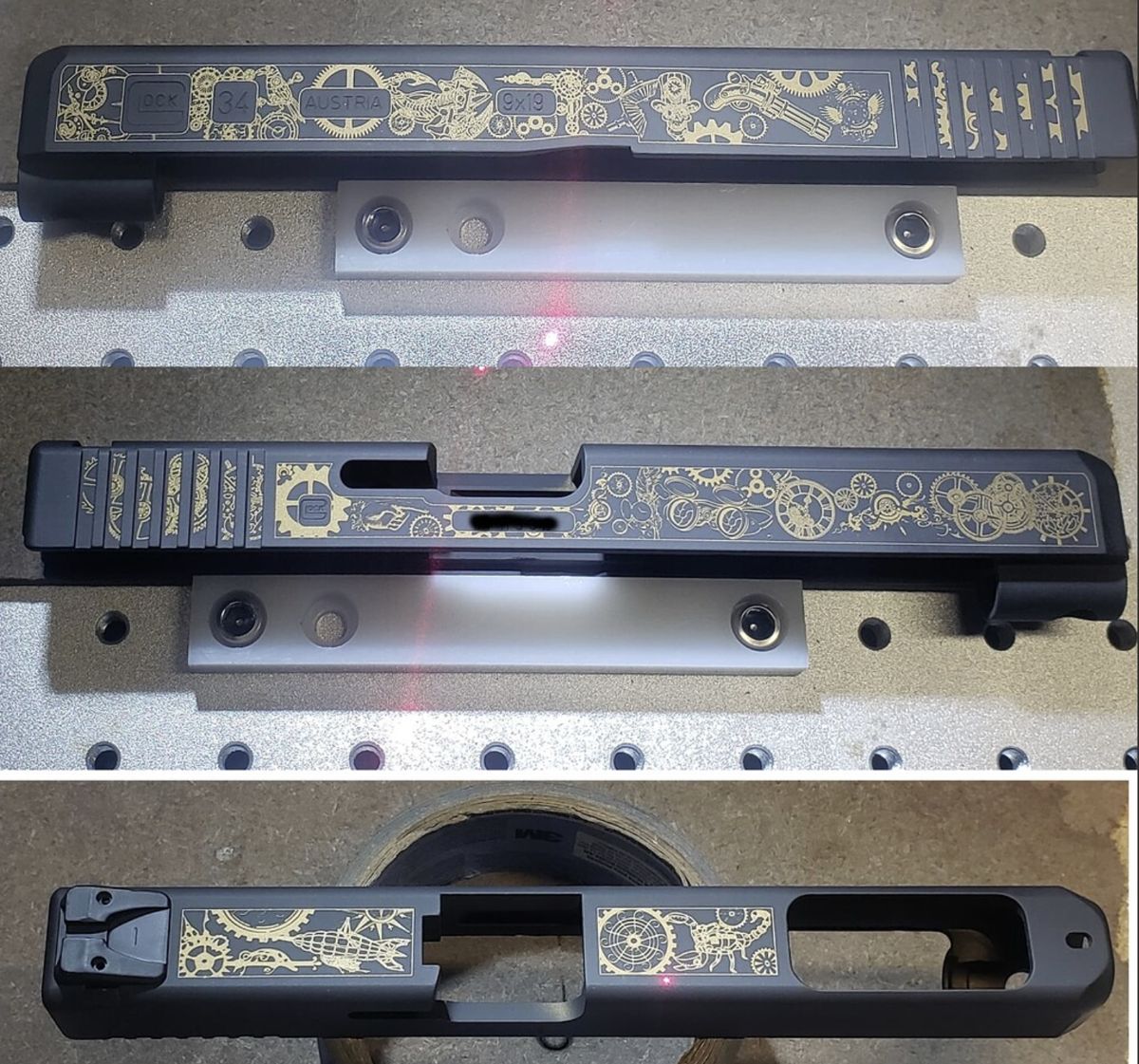Pistol slide engraved with gold steampunk gears