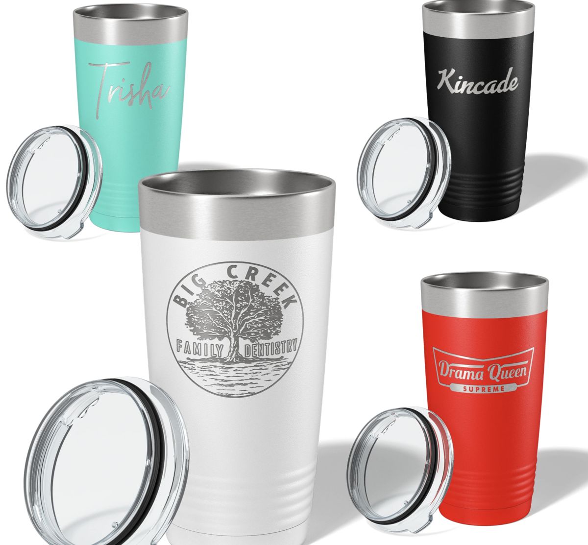 Engraved tumblers with names and logos