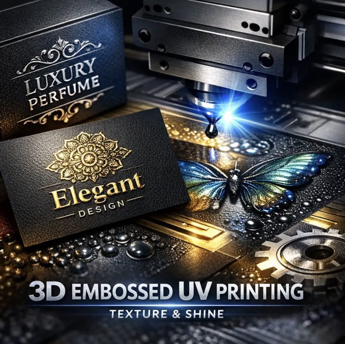 3D embossed UV printing with raised gold, silver and full color ink on business cards, packaging and a butterfly design